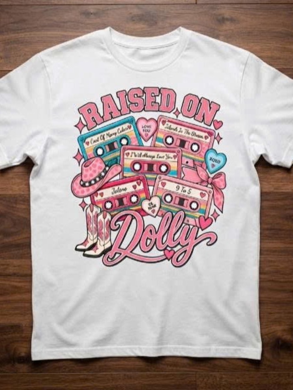 White Tee with Pink Dolly Cassette Graphic